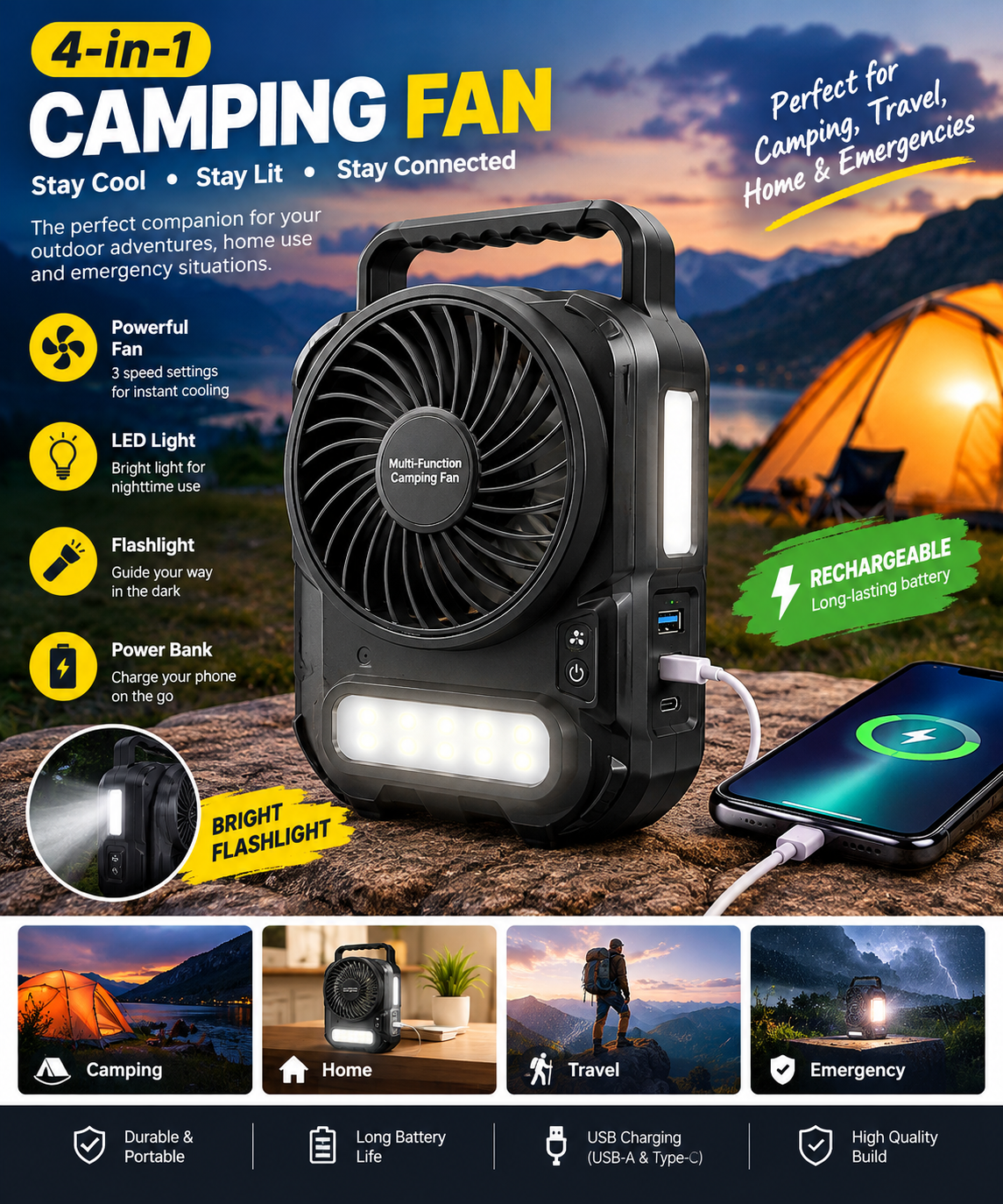4-in-1 Rechargeable Camping Fan with LED Light & Power Bank