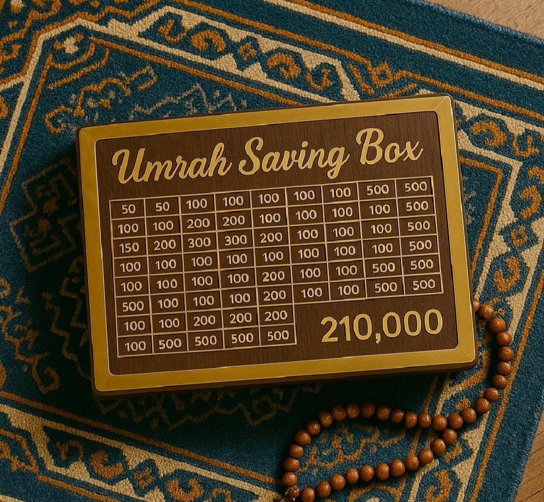 Wooden Umrah saving box with 210000 savings goal