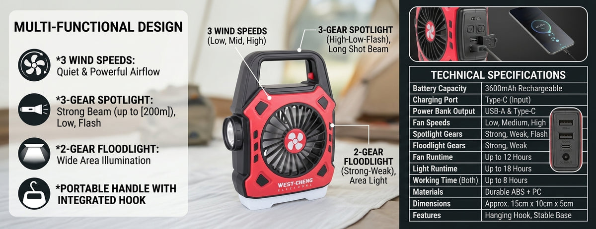 4-in-1 Rechargeable Camping Fan with LED Light & Power Bank