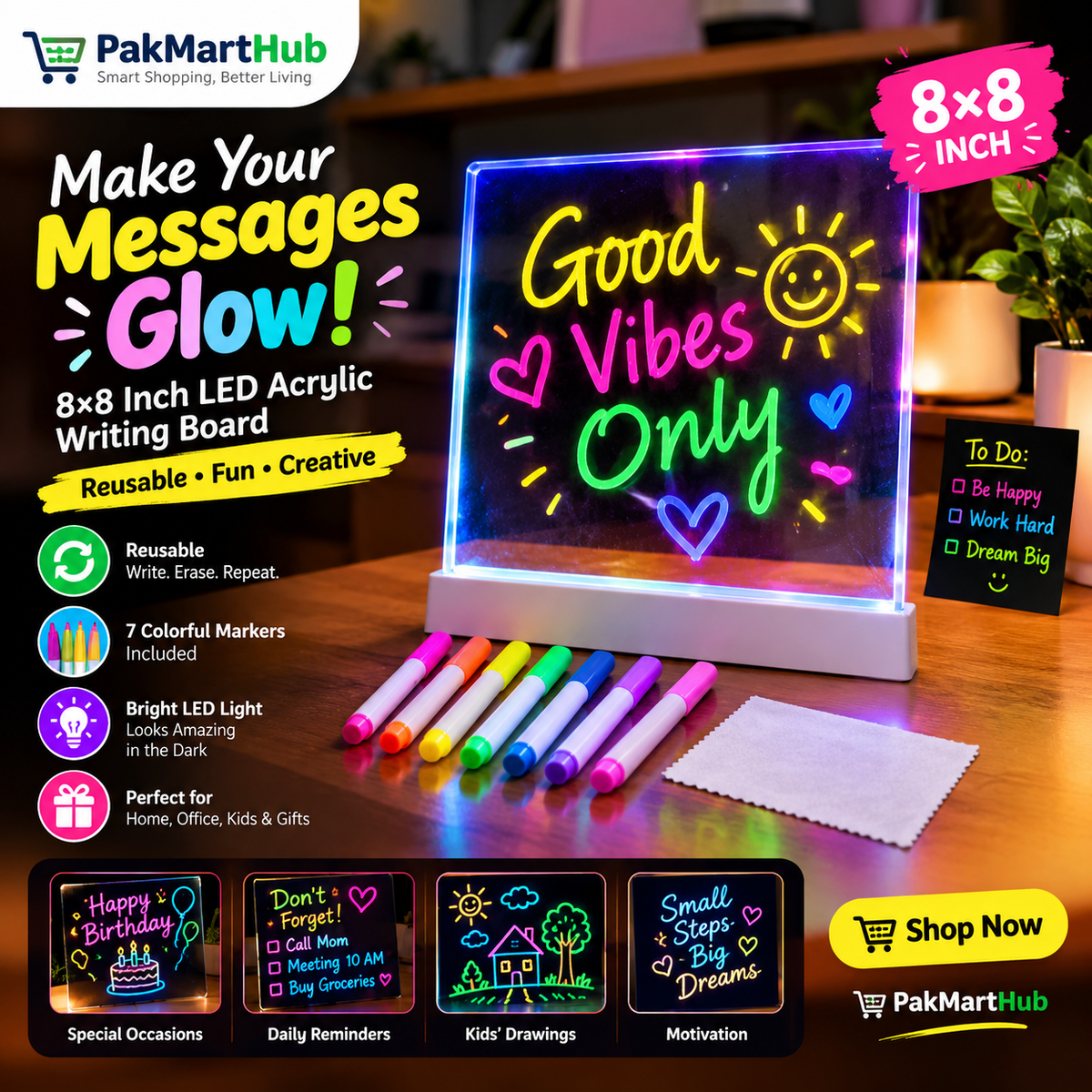 8×8-Inch LED Acrylic Writing Board with 7 Colorful Markers