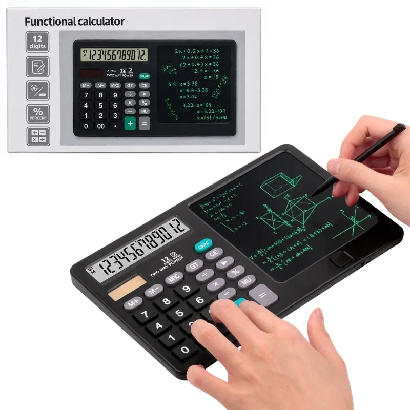 NEWYES DS-837X calculator and LCD writing tablet in packaging and use