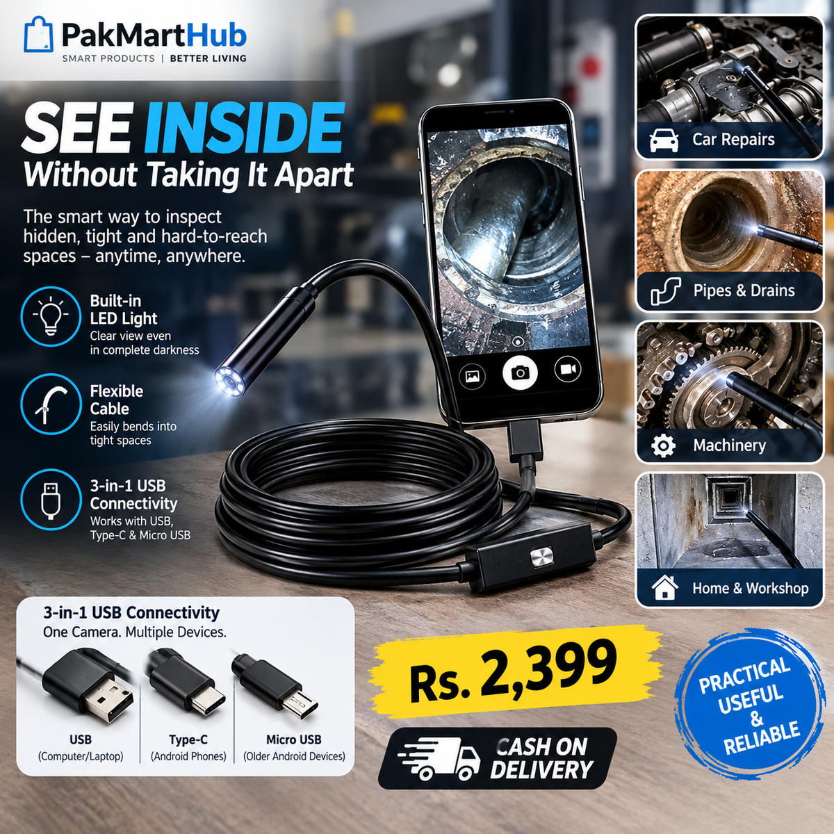 3-in-1 USB inspection camera ad - See Inside Without Taking It Apart - Rs. 2,399 Cash on Delivery
