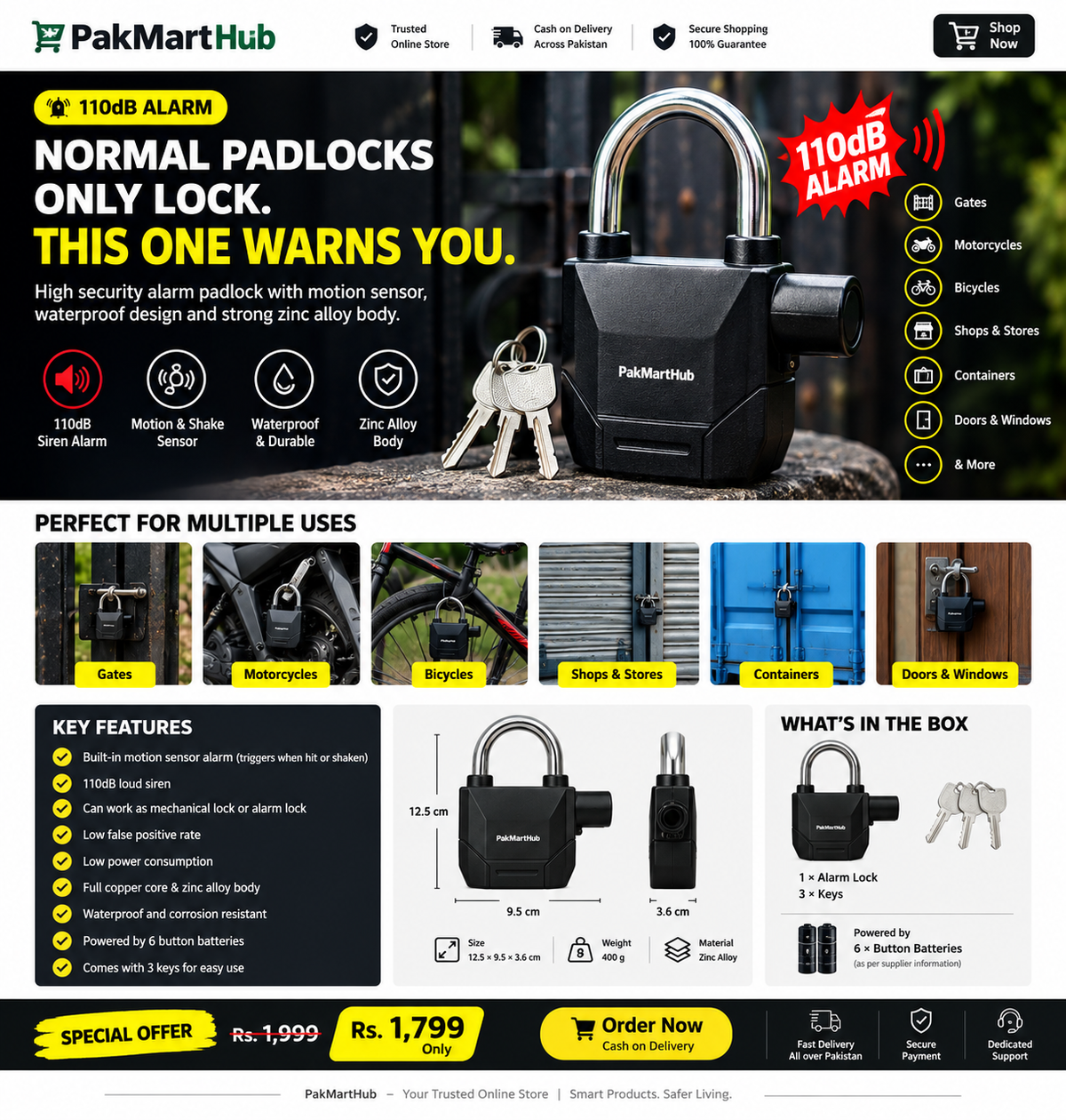 110dB alarm security padlock with motion sensor and 3 keys
