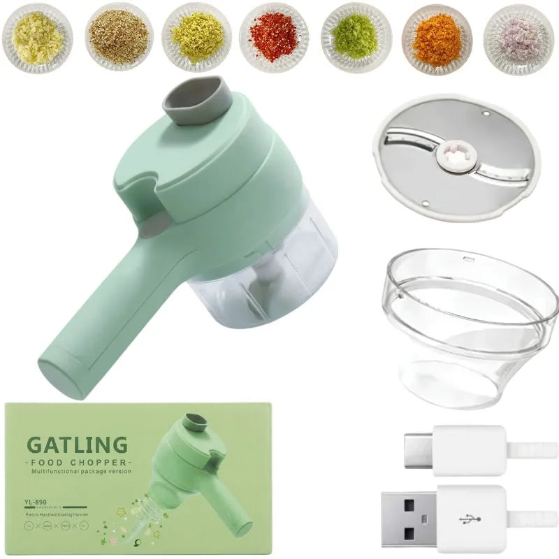 Original supplier image showing the green USB-rechargeable electric food chopper and included attachments